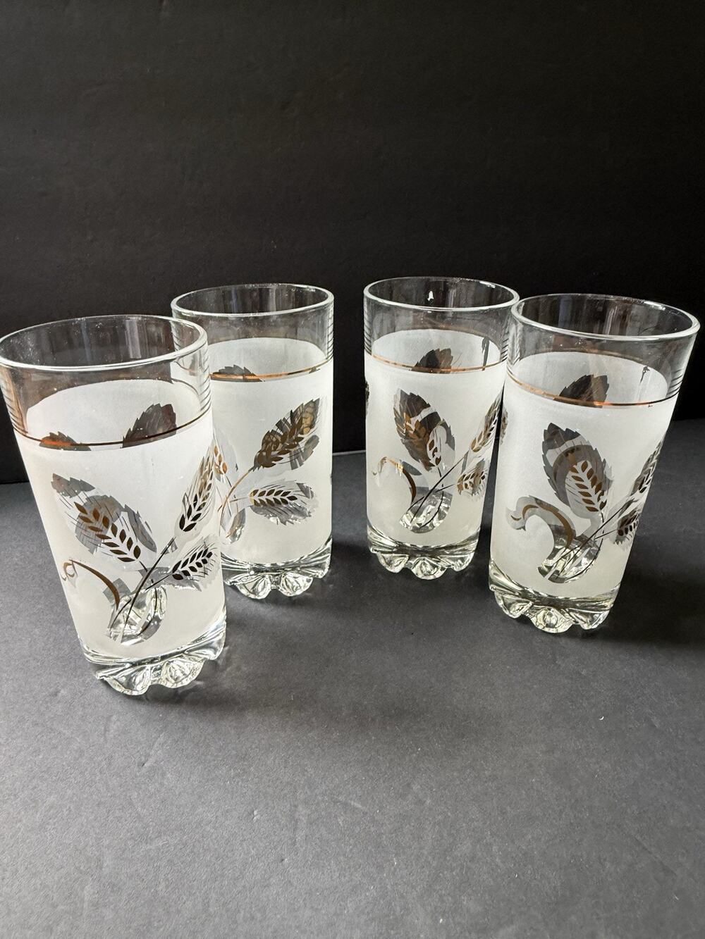 Vintage Italian Wheat Frosted Tumblers 1950s Ripple Base Set (4) MCM Barware